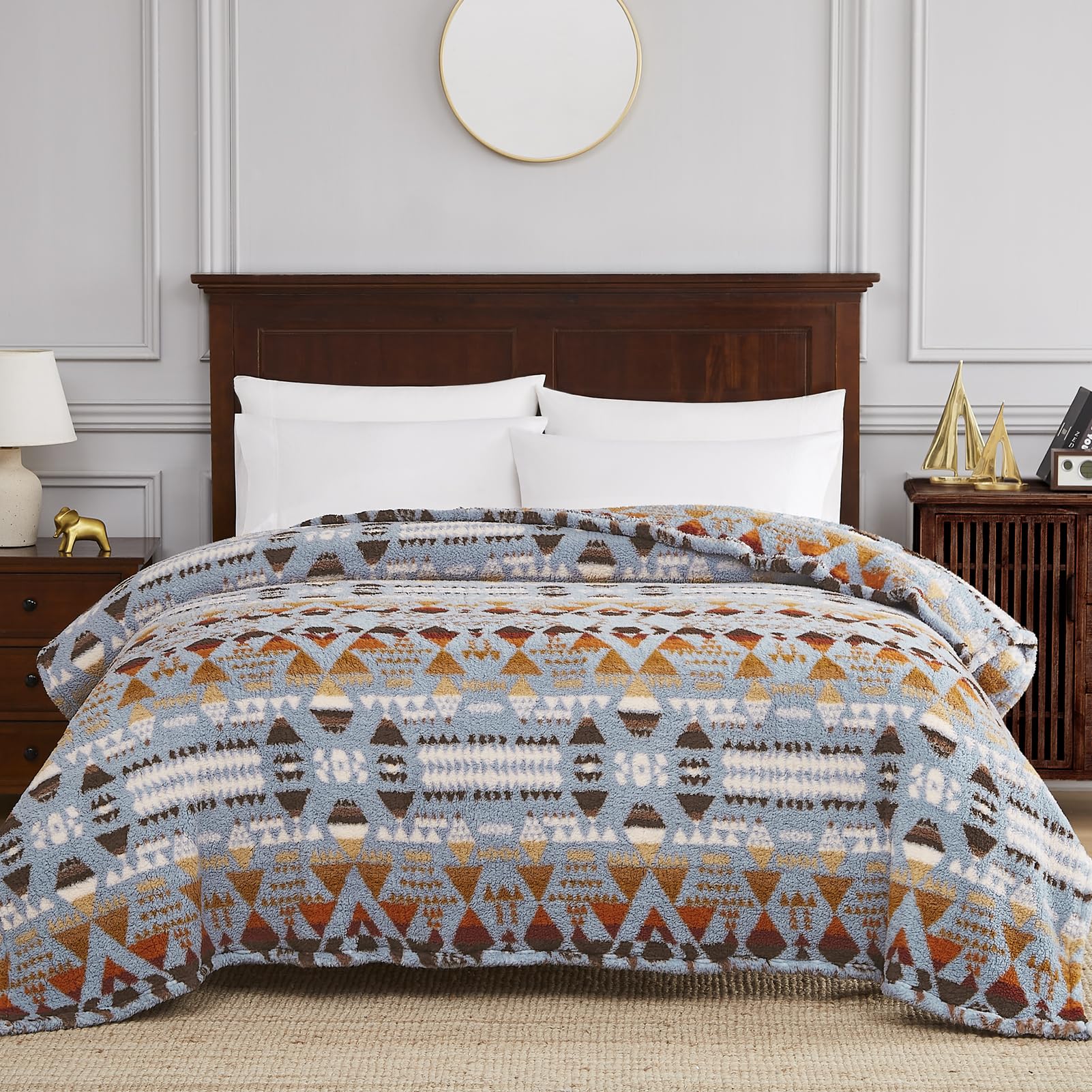 Photo 1 of CASAAGUSTO Boho Sherpa Throw Blanket, Aztec King Size Blanket, Ultra Soft, Warm, Cozy, Plush, Thick Fleece Bohemian Throw Blanket for Couch, Bed, Sofa (Blue Grey 108 * 90 Inch)