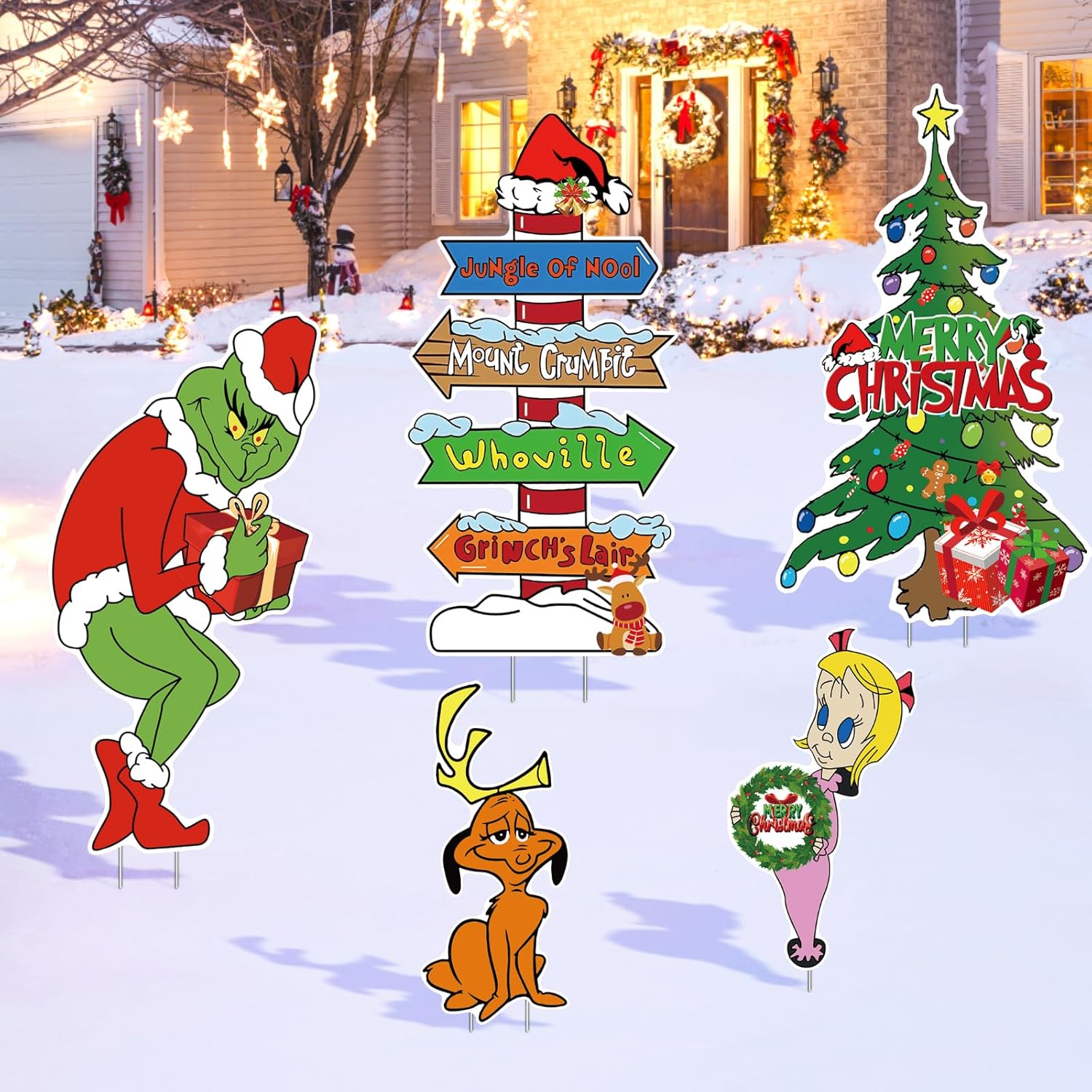 Yard Signs - Large Grinchs Christmas Outdoor Decorations,5PCS Grinchs Yard Signs with Stakes,Whoville Christmas Decorations for Lawn Yard,Grinchs Stealing Christmas Decor Holiday Party Supplies-(24in)