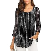VALOLIA Women's 3/4 Sleeve Tunic Tops Casual Loose Fit Floral Blouses Mesh Pleated Layered Shirt