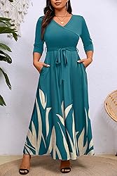 Runwind Plus Size wrap Dress Sexy 3/4 Sleeve V Neck