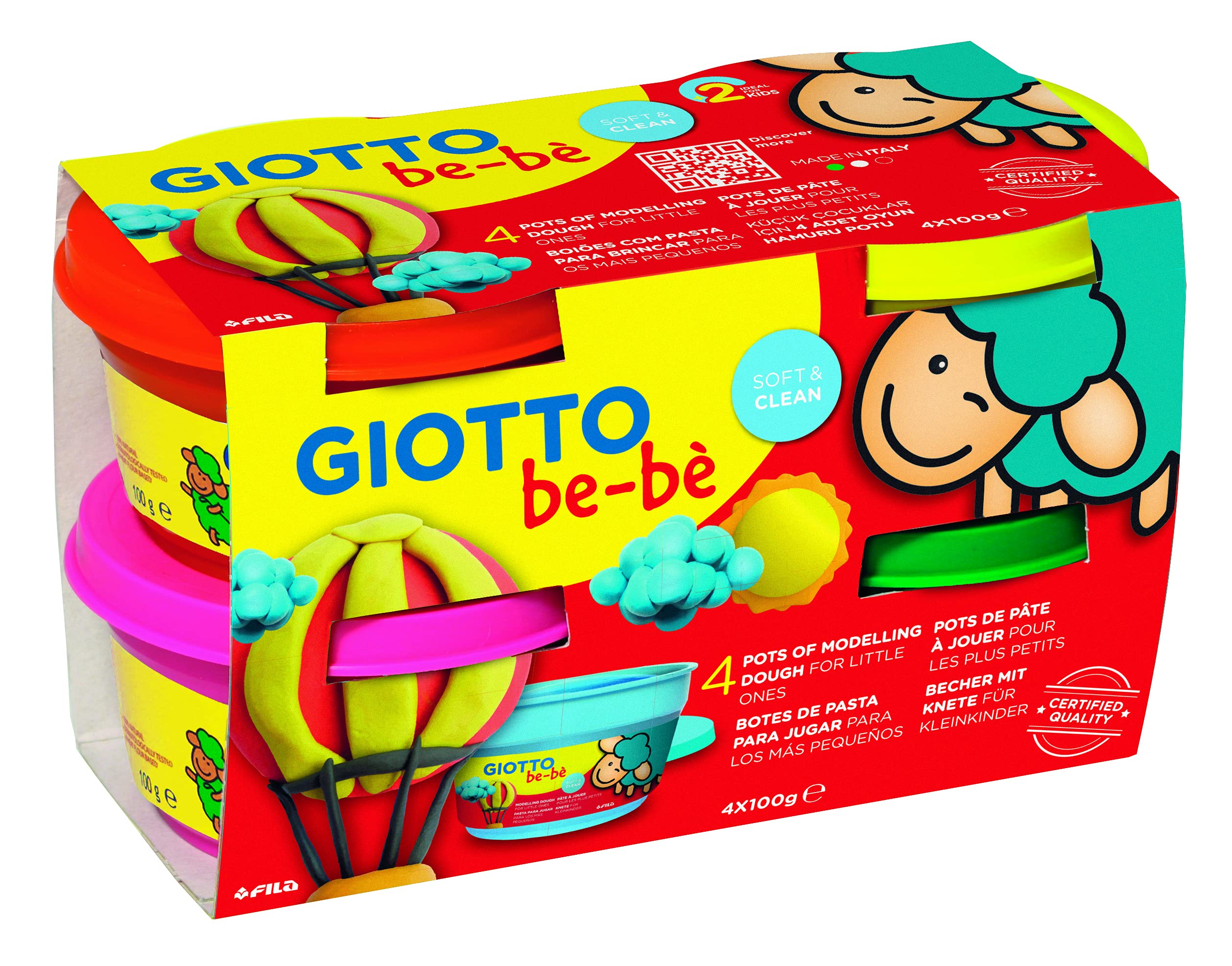 GIOTTO be-bè Modelling Dough Pack for Young Children, 4 x 100g Pots, Red/Yellow/Magenta/Green, For Children and Schools — image 1