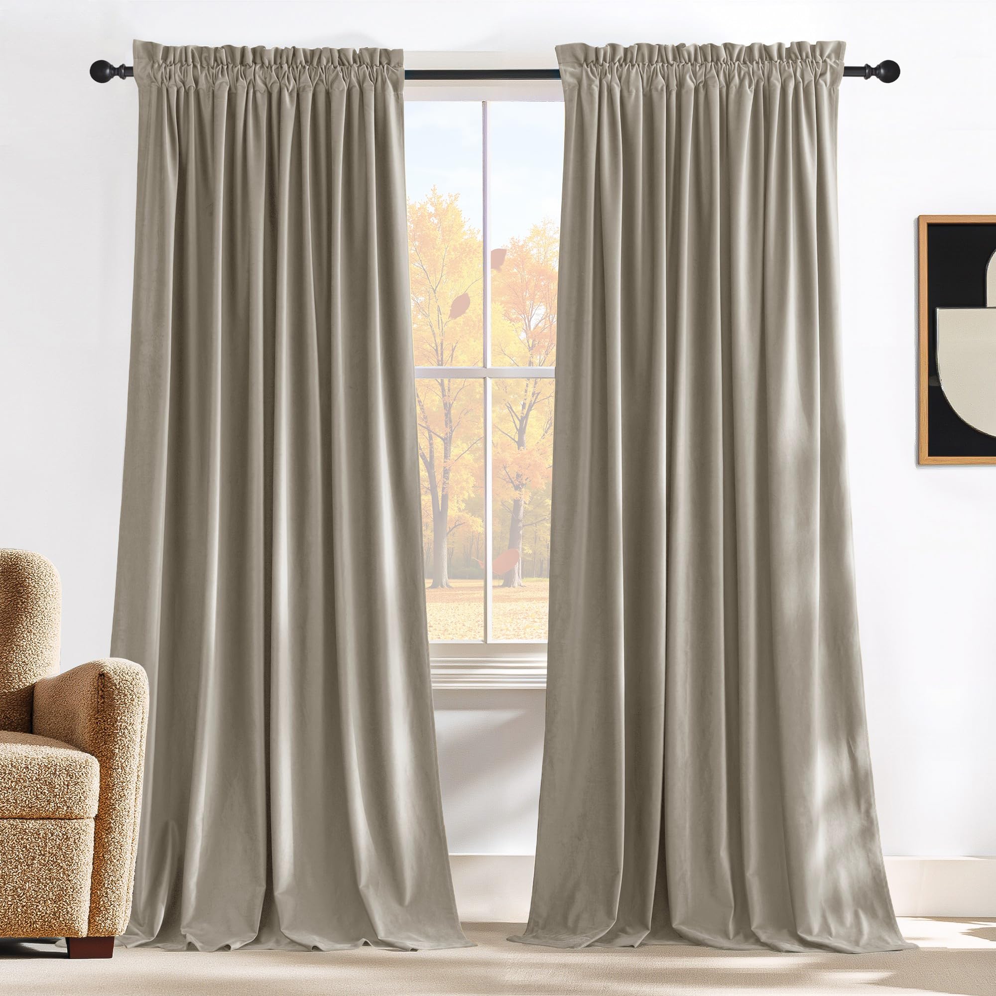 NICETOWN Living Room Camel Velvet Curtains 12 ft Length, Sound and Sunlight Reducing Heavy Matt Rod Pocket Drapes/Panels for High Celling Wall (2 Panel Per Pack, 144 inches Long) Image