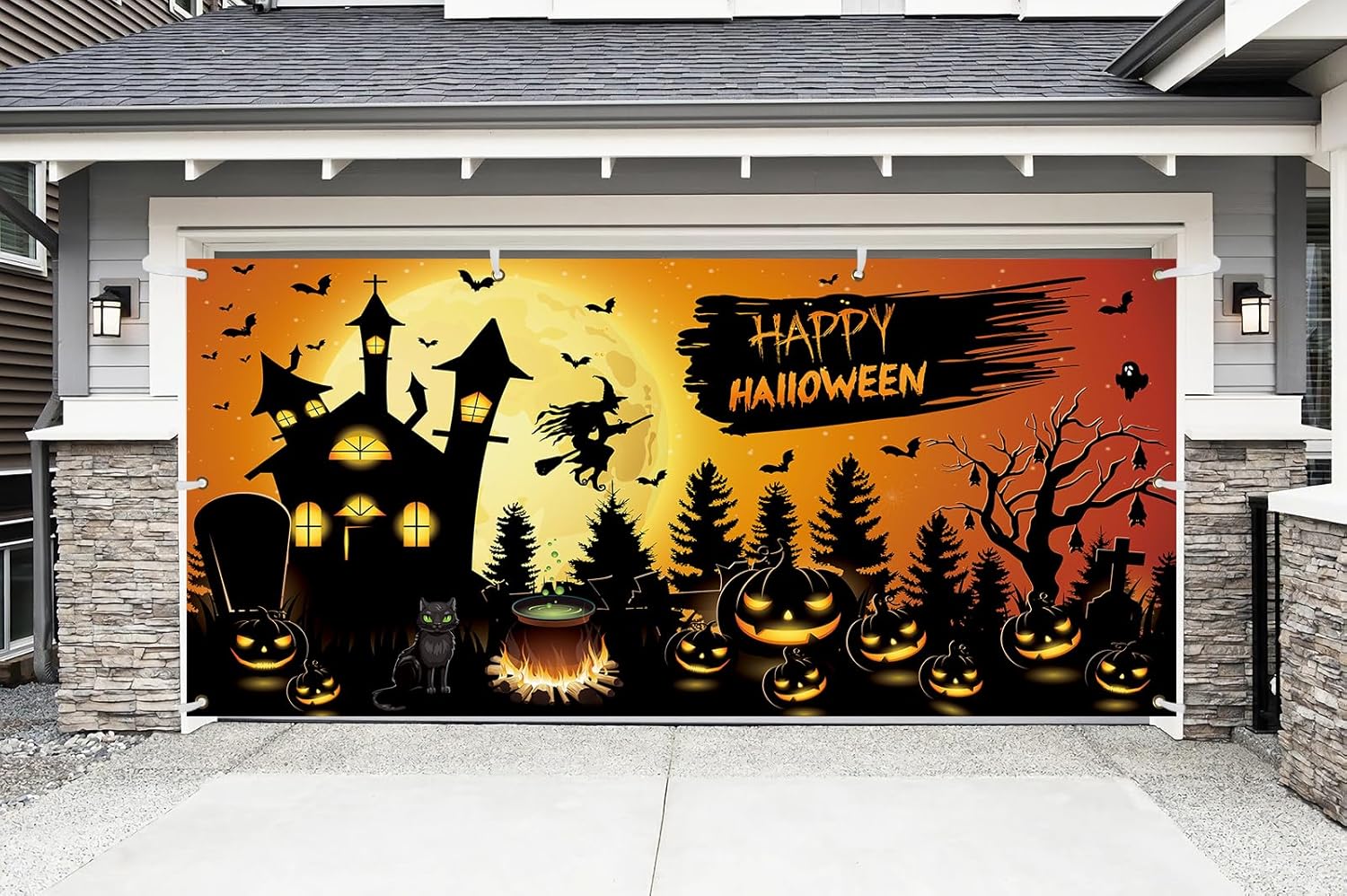 Garage Door Decorations - Happy Halloween Garage Door Banner Cover with Grommets Spooky Pumpkin Garage Door Decorations 6 x 13 ft Bloody Backdrop Creepy Bat Horror Mural,HAPPY HALLOWEEN/ORANGE