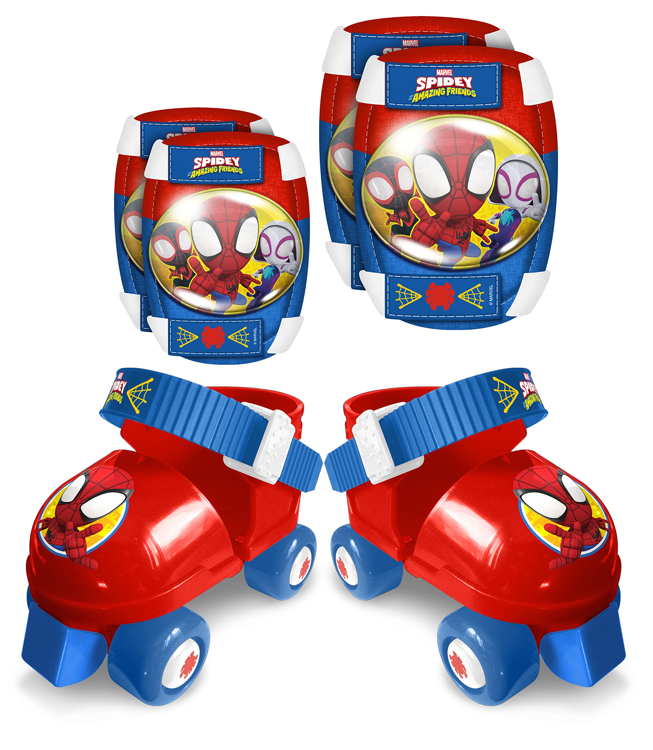 Set includes: Roller skates, elbow and knee pads, Spidey