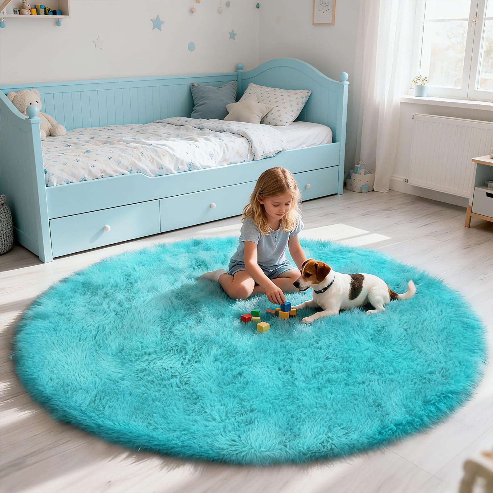 Photo 1 of yulidayang Soft Round Area Rug for Kids Bedroom, Fluffy Fuzzy Shaggy Rug 4'X4'for Living Room, Non Slip Circle Plush Rug for Girls Room Nursery Dorm Decor,Light Blue