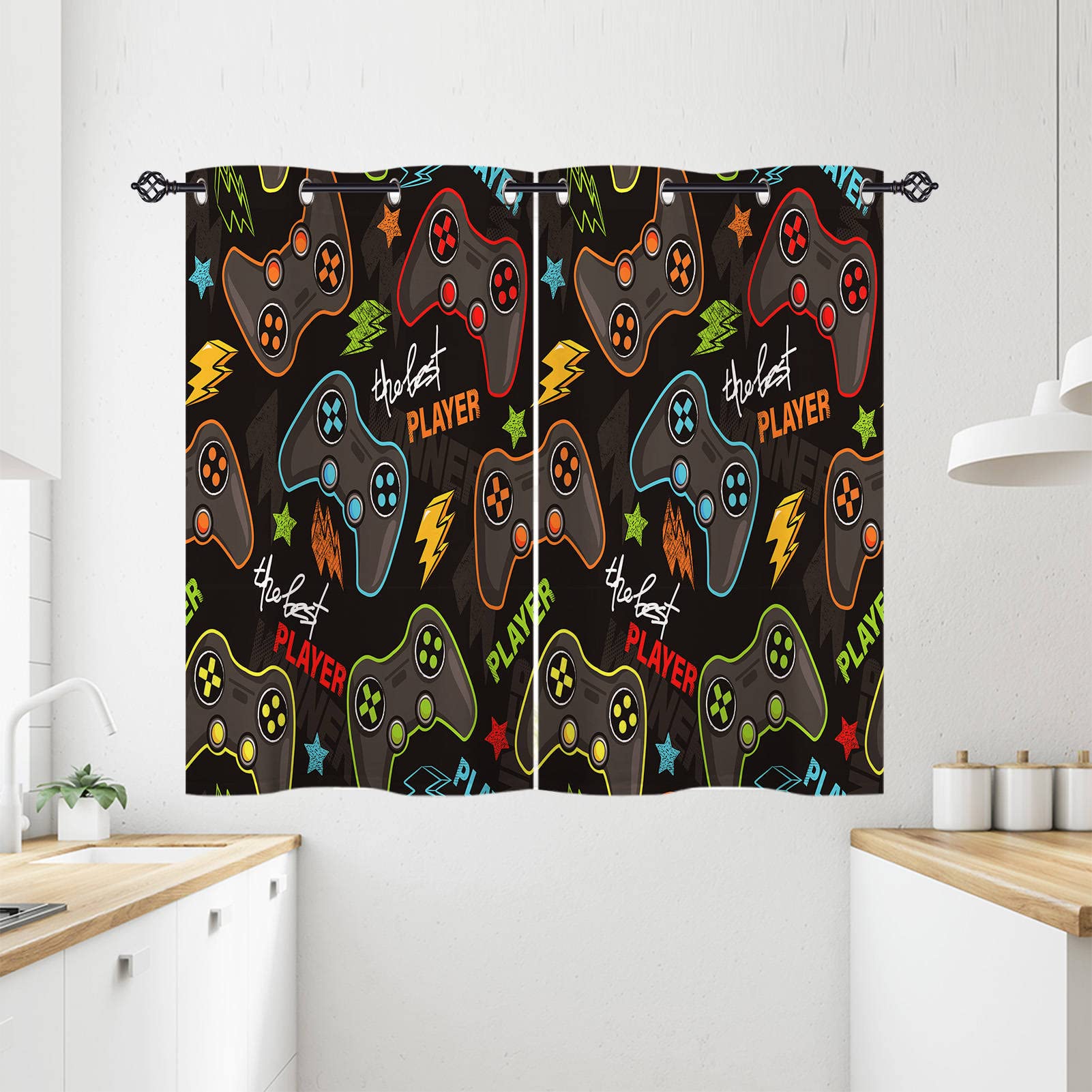 ANHOPE Gamer Curtains Eyelet 80% Blackout Room Darkening Curtains with Video Game Gamepad Print Pattern Light Blocking Window Drapes for Kids Boys Teens Bedroom Living Room 28 x 54 Inch Drop 2 Panels
