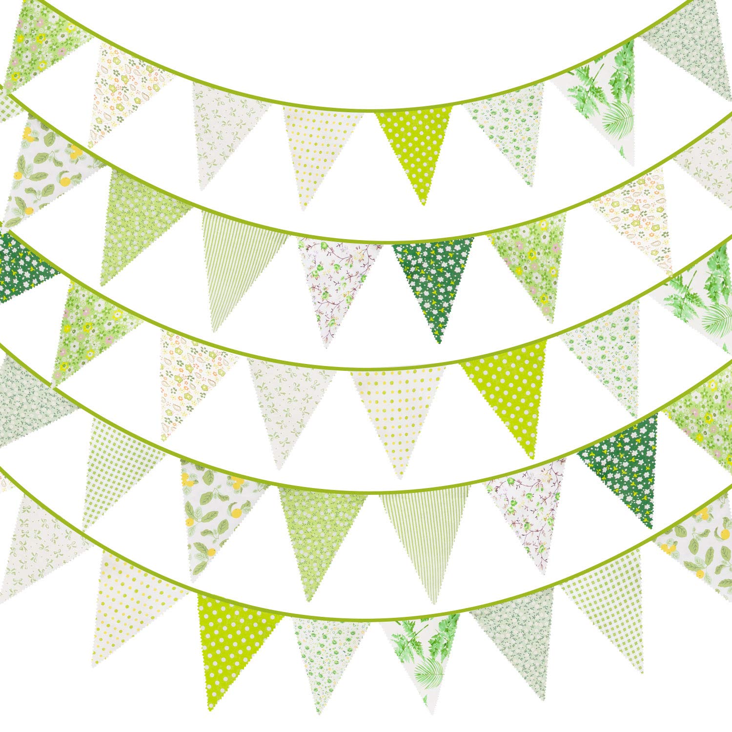 Whaline 40ft Fabric Bunting Banner Green Floral Vintage Bunting Flags Reusable Cotton Triangle Flag Garland with 42pcs Pennants for Garden Wedding Baby Shower Birthday Party Decoration