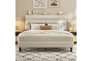 Fluest Queen Bed Frame, Platform Bed Frame with Velvet Upholstered Headboard, No Box Spring Needed, Sturdy Metal Support, Noise Free, Easy Assembly, Modern Bedroom Furniture, Beige