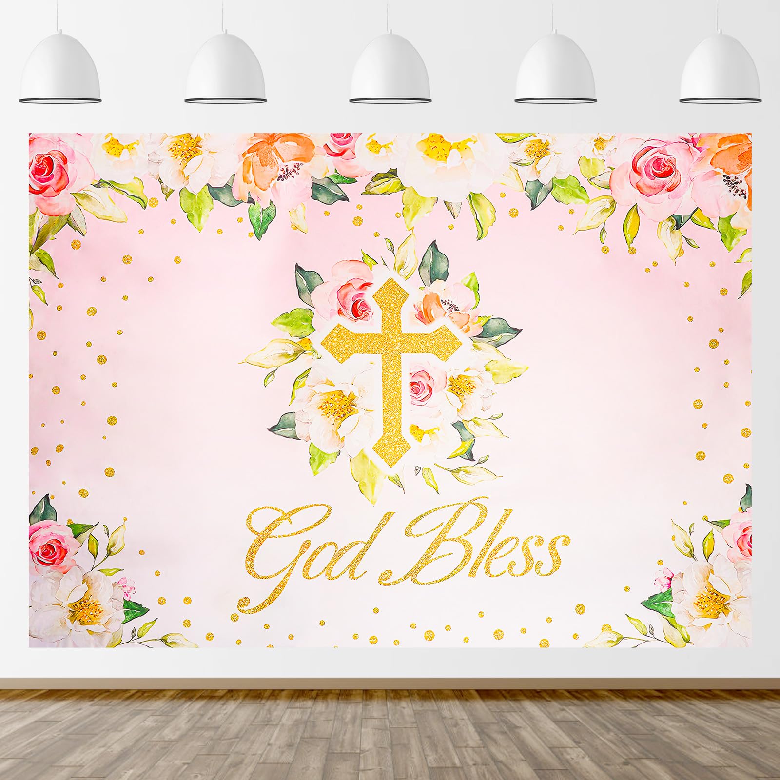 OSDUE God Bless Communion Backdrop, First Holy Communion Baptism Backdrop, Pink Flower Girl Baby Shower Background, Baby Shower Photography Background