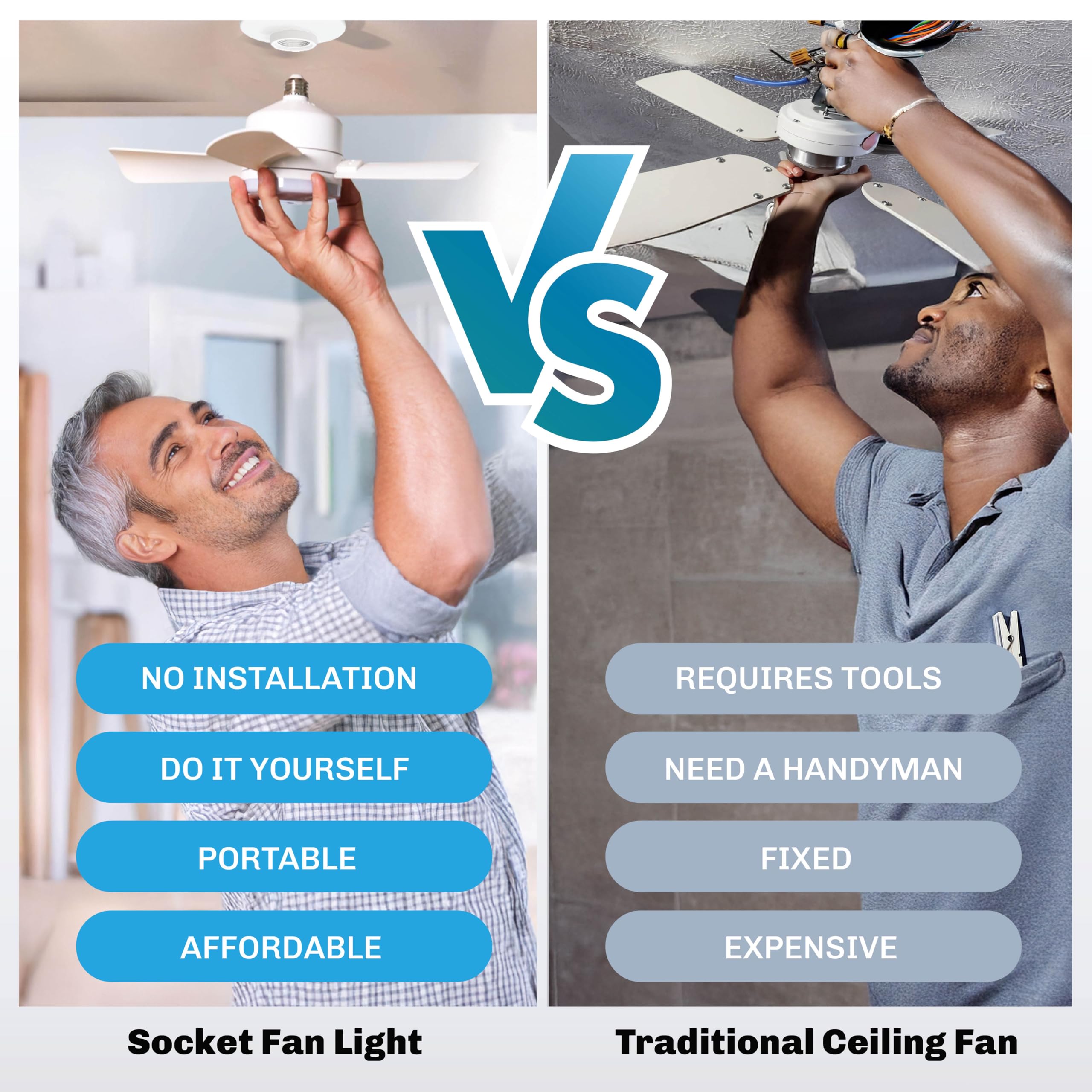 Bell+Howell Socket Breeze Socket Fan Light with Remote, Portable Small Ceiling Fans with Lights for Bedroom, Kitchen, Living Room, Ceiling Fan with Light 3500K, 1000 Lumens, Screws into E26/E27