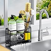 DYFVPOU 2-Tier Self-Draining Sponge Holder for Kitchen Sink - Rustproof Non-Slip Sink Caddy with Dish Brush Holder & Fits for Most Soap Dispensers - Black