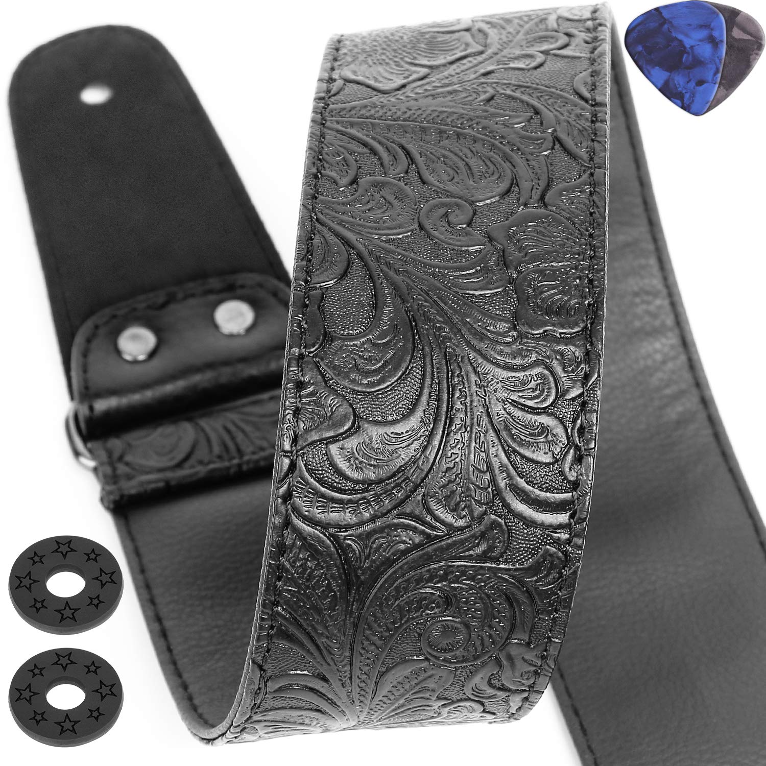 Anwenk Guitar Strap, Printed Leather, Wide Adjustment Range PU Leather Strap for Electric Bass Guitar, Vintage 60's Retro Western Style with Genuine Leather Ends