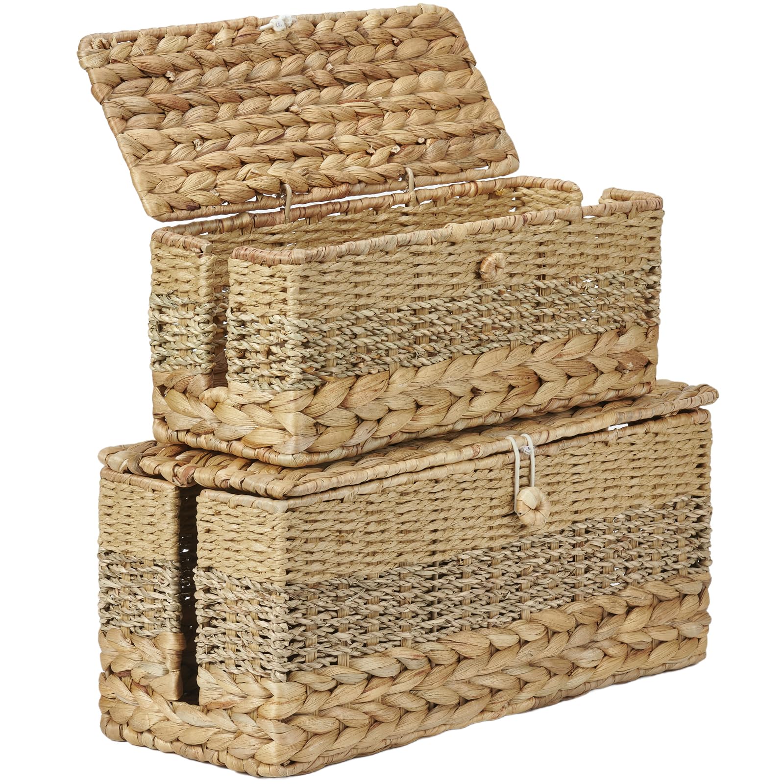 Photo 1 of ***(PARTIAL SET/ MISSING 1)***VinneGenzz 2PCS Cable Organizer Boxes Handmade Wicker Rattan Cord Management Box Adapter Power Strips Outlet Router Hider Cover Under Desk Electrical Wire Storage Organizer with Lid (1 Large 1 Medium)