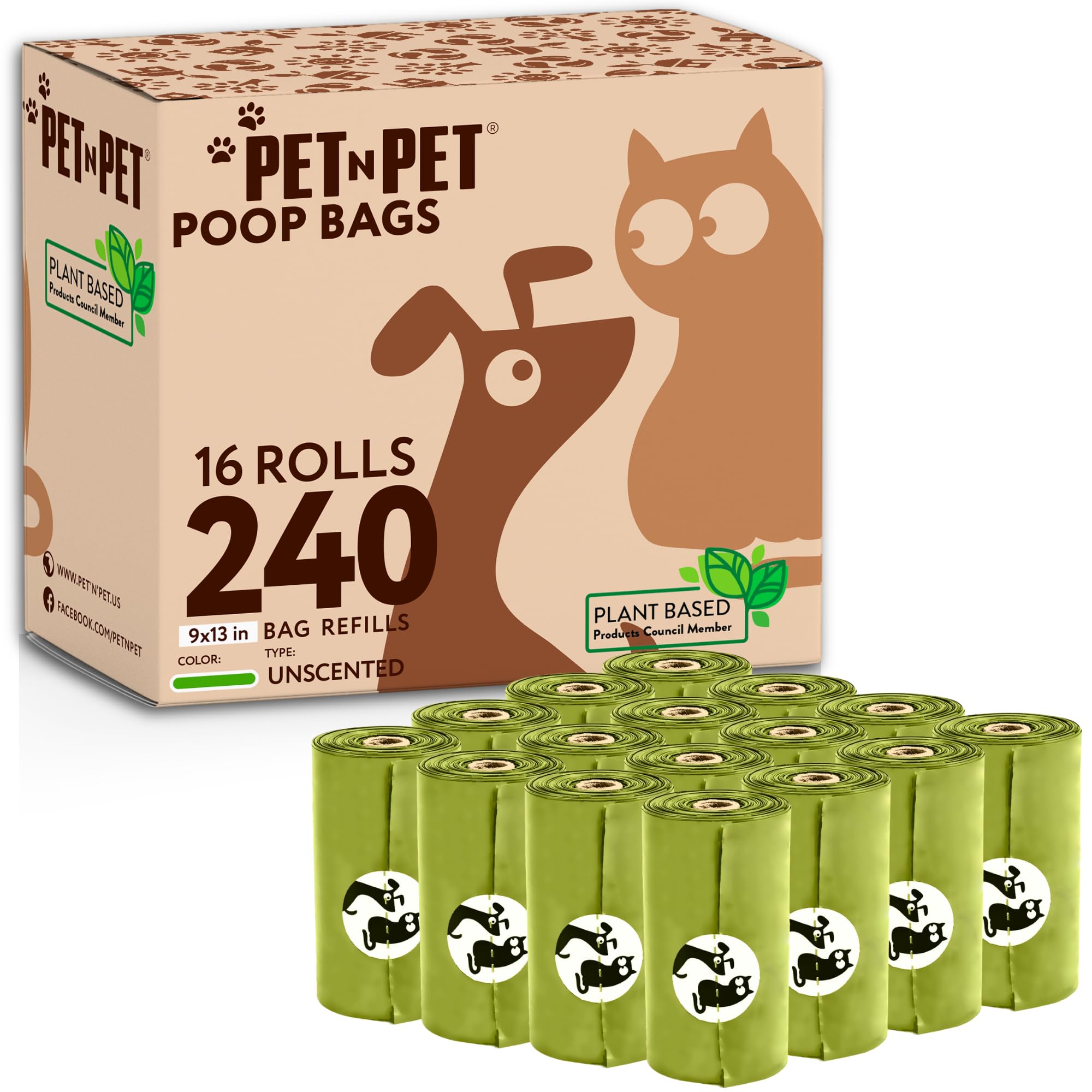 PET N PET Compostable Dog Poo Bags - Biodegradable and Plant Based, Thick and Leak Proof Dog Waste Bags Rolls, 240 Count