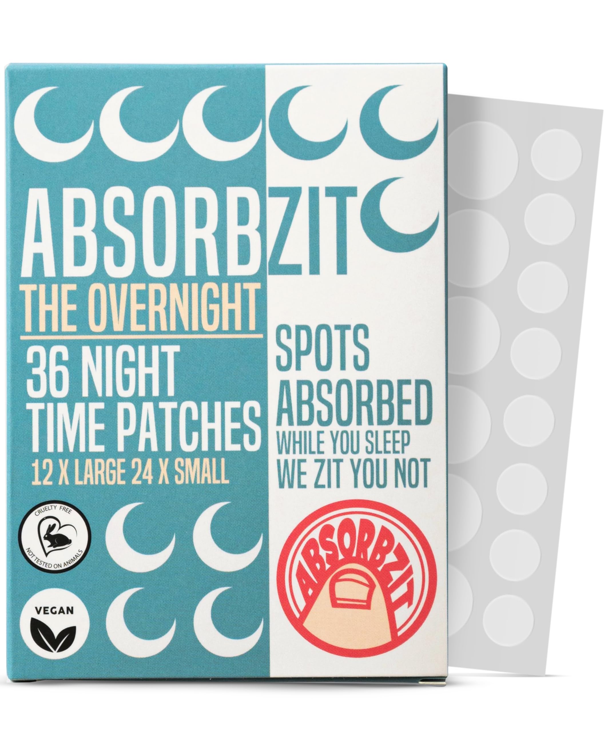 Absorbzit - The Overnight Hydrocolloid Pimple Patches, Thick & Durable Spot Patches, Vegan & Cruelty-Free Acne Treatment - 36 Nighttime Patches
