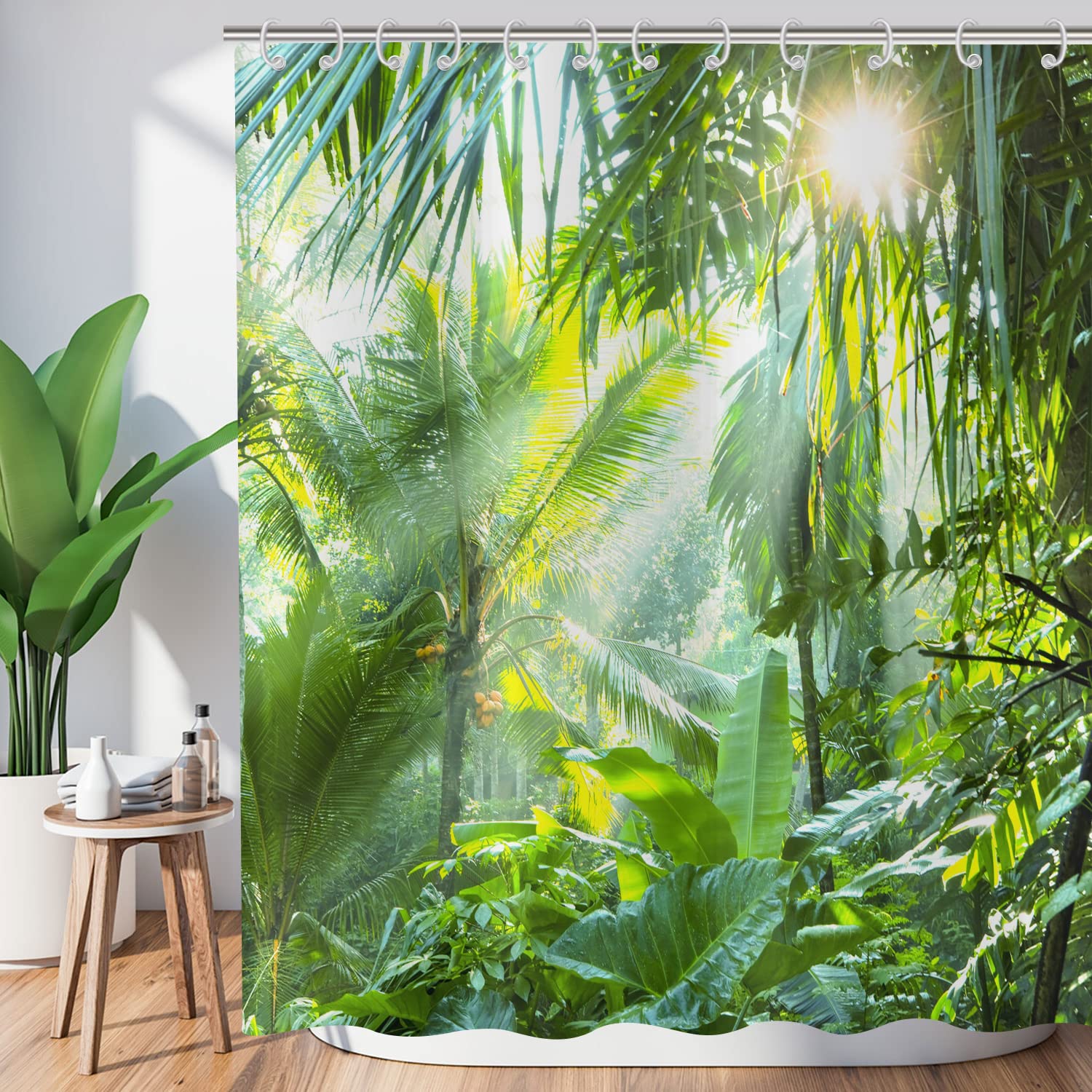 Hnmdmyi Forest Shower Curtain 180x180, Tropical Jungle Rainforest Green Palms Tree Plant Nature Landscape Scenery Bathroom Curtains Waterproof Polyester Fabric Washable Bath Curtains with Hooks