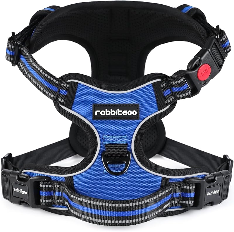 rabbitgoo Dog Harness Medium Adjustable Front Back Clips Reflective Blue M