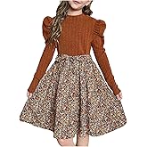 RoseSeek Girl's Floral Ribbed Knit A Line Dresses Puff Sleeve Belted Patchwork Elegant Fall Short Dress