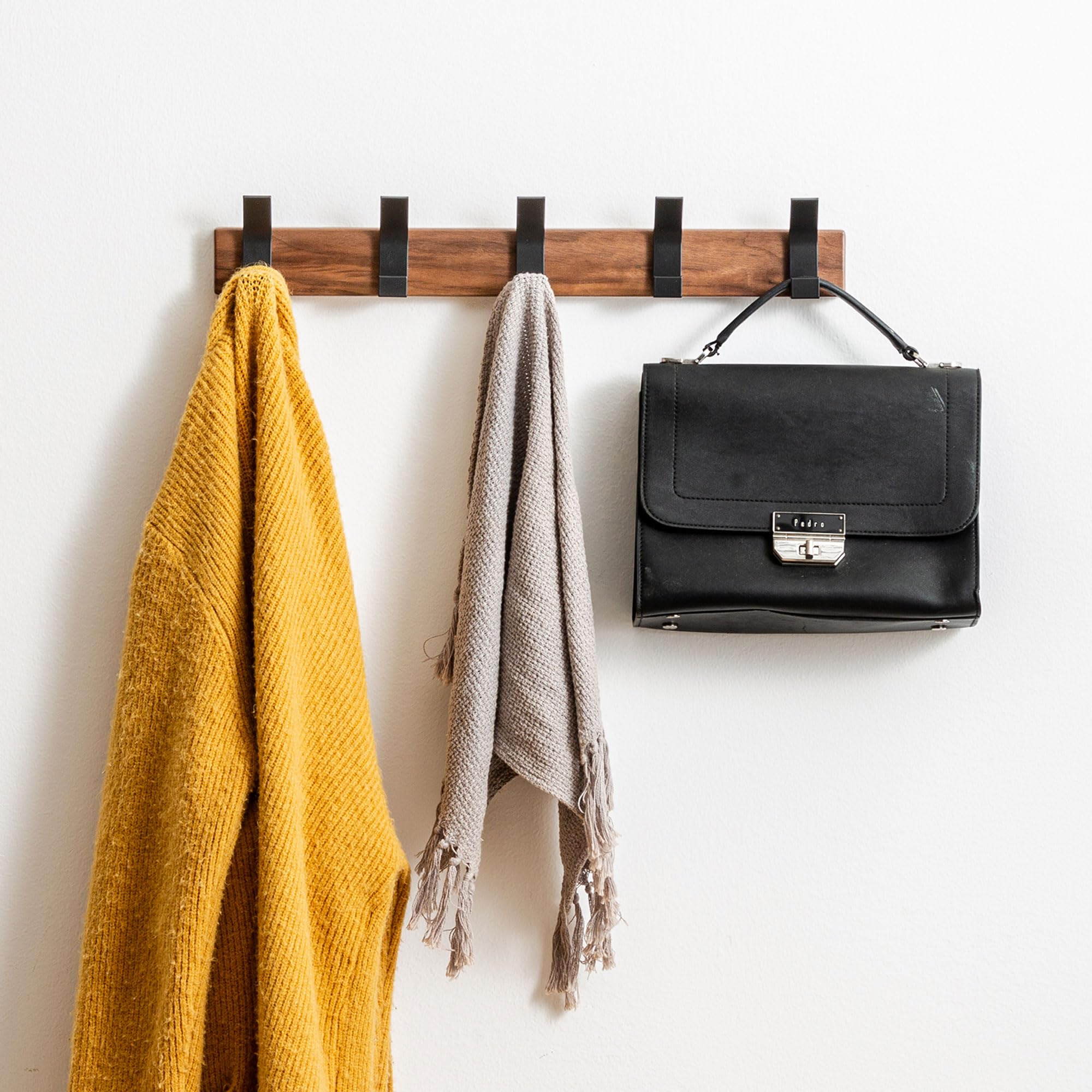 Photo 1 of RVXHUA 17.3'' Wall Mounted Coat Rack with 5 Hooks - Solid Walnut Wood Towel Rack for Bathroom, Entryway Hat Hanger, Space-Saving Farmhouse Decor for Mudroom, Bedroom, Kitchen, Closet