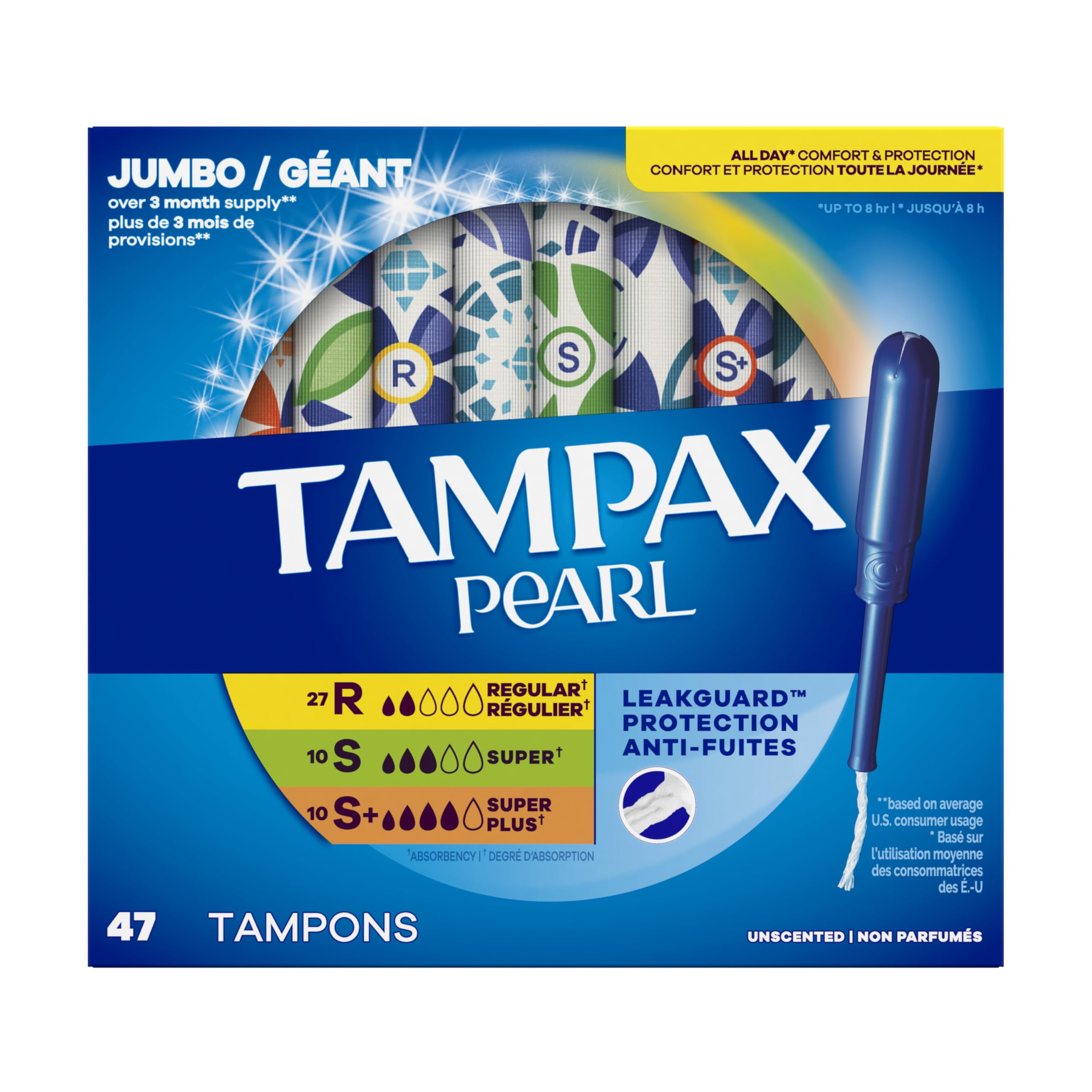 Tampax Pearl Tampons Multipack, with LeakGuard Braid, Regular/Super/Super Plus Absorbency, Unscented, 47 Count