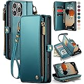 Defencase Compatible with iPhone 16 Pro Case Wallet with RFID Blocking Card Holder for Women Men, PU Leather Magnetic Snap Flip Zipper Strap Wallet Phone Case Fit for iPhone 16 Pro 6.3", Blue Green