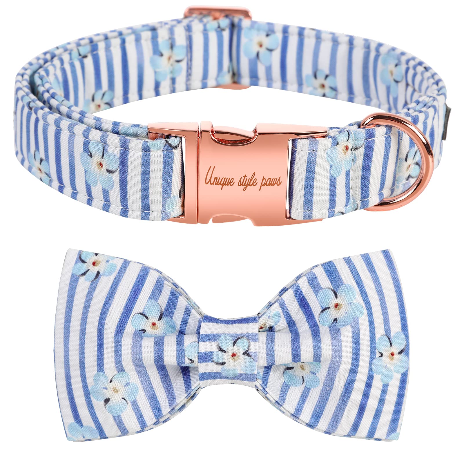 Unique style paws Dog Collar with Tie Blue Strip &Flower Puppy Collar Comfy Soft Bowtie Dog Collar Best Gift for Small Medium Large Dogs-S