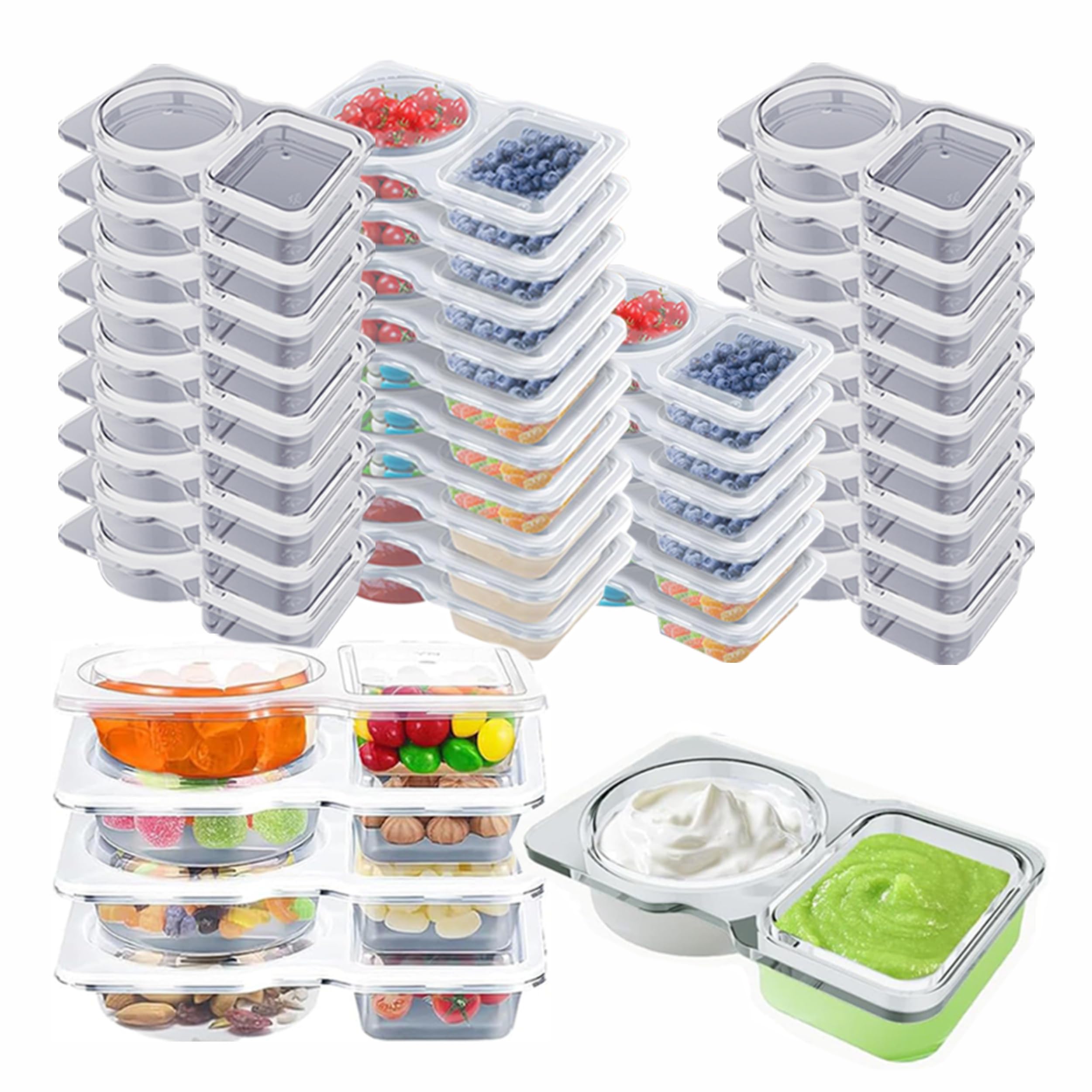 Photo 1 of [40Pcs] Reusable Snack Container with Double Compartment - Clear Condiment Container for Snacks - Reusable Snack Packs with Lids - Ideal for On-the-Go Snacking