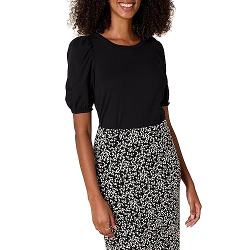 Amazon Essentials Women's Regular-Fit Puff Short-Sleeve Crewneck T-Shirt, Black, X-Small