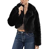 Amazhiyu Women's Faux Fur Crop Lapel Jackets Open Front Long Sleeve Coat Pockets
