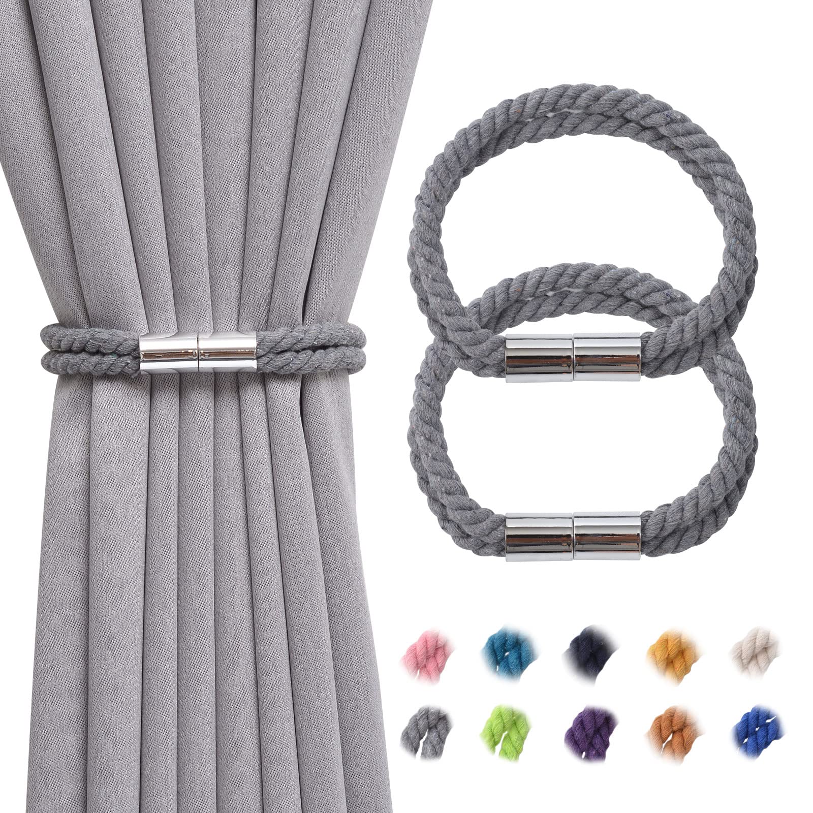 Pretty Jolly 2 Pack Strong Magnetic Curtain Tiebacks Boho Decoration Drape Tie Backs Natural Cotton Handmade Double Rope Curtain Holdbacks for Thin or Thick Home & Office Window Drapery (Grey)