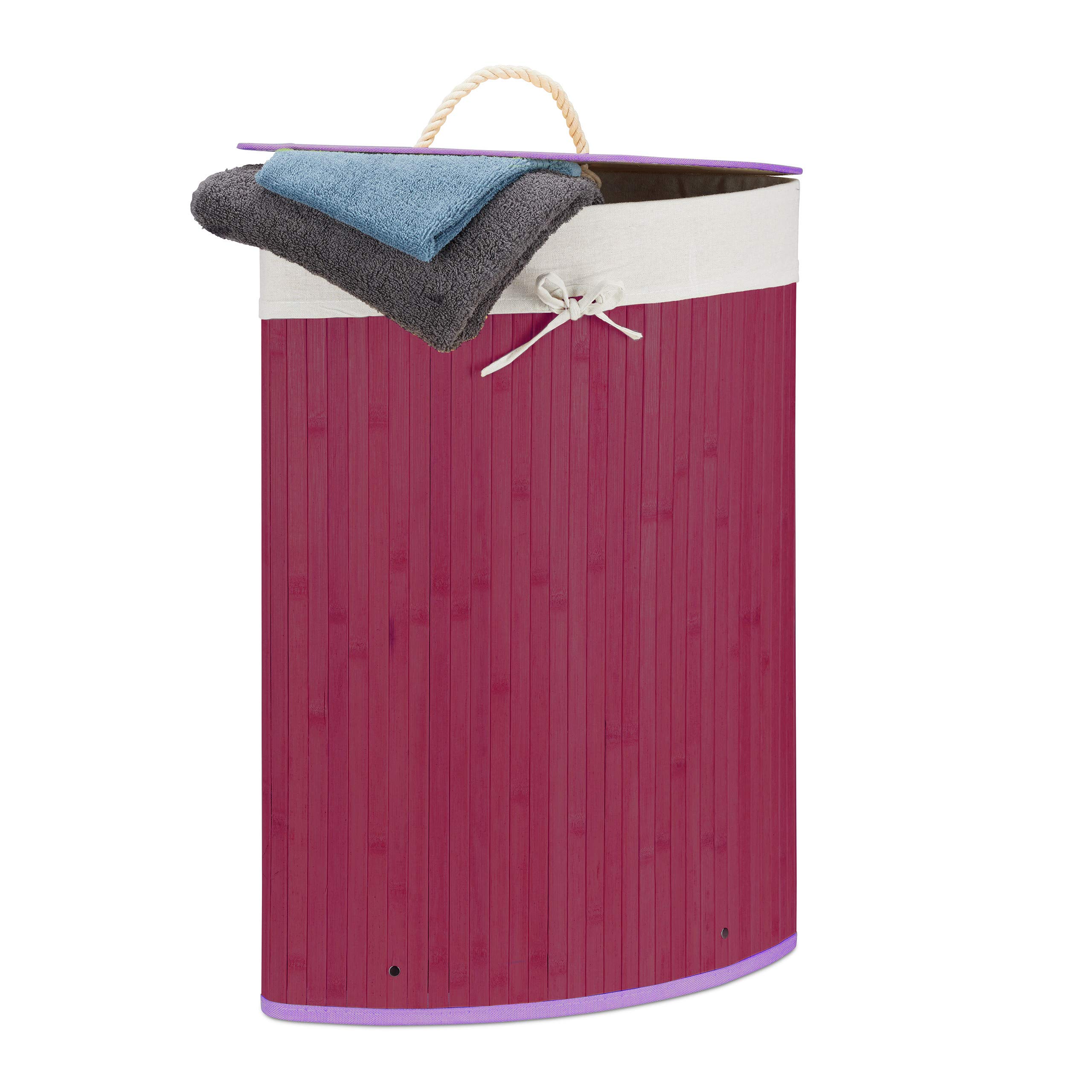 Relaxdays Bamboo Corner Laundry Basket, 65 x 49.5 x 37 cm, 64L, Folding Hamper with Laundry Sack, Purple