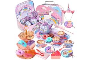 QUIET FLOWER 55Pcs Tea Party Set for Little Girls, Princess Tea Party Set, Unicorn Kid Tin Tea Set,Kids Kitchen Pretend Toy, Toddler Tea Party Set for Girl 3-5, Tea Party Set Christmas Birthday Gift for 4 Year Old
