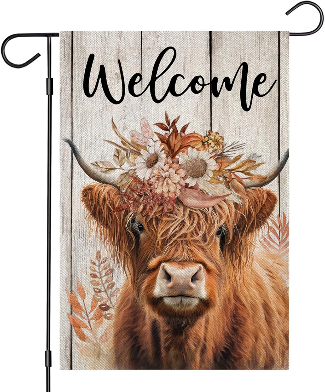 Flags - Welcome Fall Garden Flags for Outside Decorations, Thanksgiving Highland Cow with Flowers Maple Leaves Small Yard Flag, Harvest Autumn Seasonal Farmhouse Holiday Outdoor Decor 12x18 Inch Vertical Double Sided