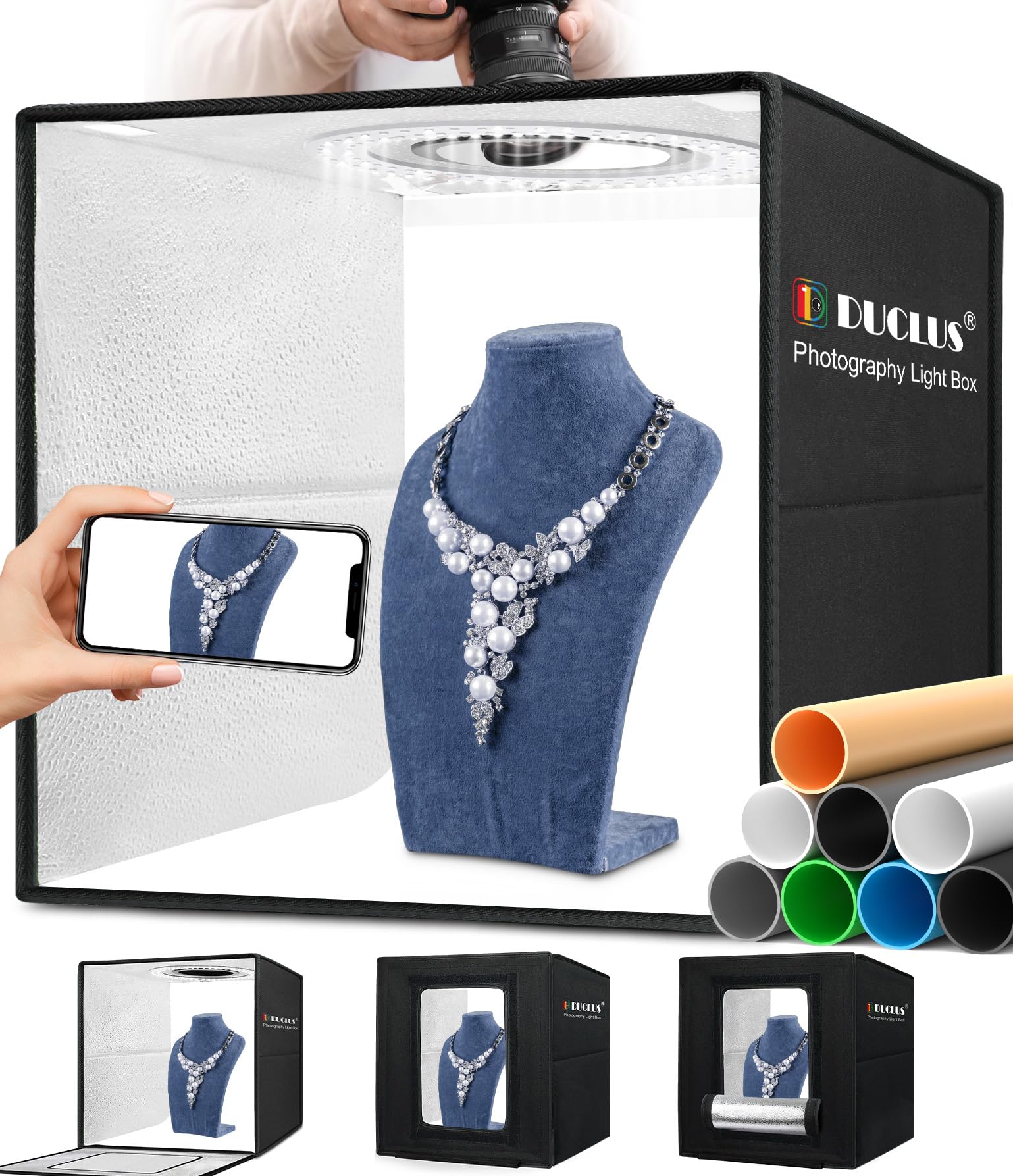 DUCLUS Professional Light Box Photography 40 x 40cm / 16" Photo Box with Upgraded 18W Dimmable 160 LEDs, USB-C Input, 8 Backdrops for Product Photography Jewellery Cosmetics Crafts Food