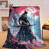 UIAMT Japanese Samurai Blanket Warrior Red Blossoms Flannel Plush Throw Blanket Cozy Japan Culture Decor Fleece Stuff Blanket Gifts for Lover Girls Boys Kids Adults Women Bed Travel 40"x50"
