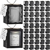 ReliThick 100 Set Candle Gift Box Transparent Gift Packaging Box for 4-10 oz Candles 50 Paper Thank You Tag Bundle Hemp Rope for Wedding Baby Shower Party Favor, 3.35x3.35x3.94 in (White Black)