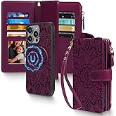 2 in 1 for iPhone 13 Pro Max Wallet Case Magnetic Compatible with Magsafe RFID Blocking Card Holder Detachable Phone Cover Zipper Purse Kickstand Wrist Strap for Men Women 6.7" 2021 Floral Burgundy