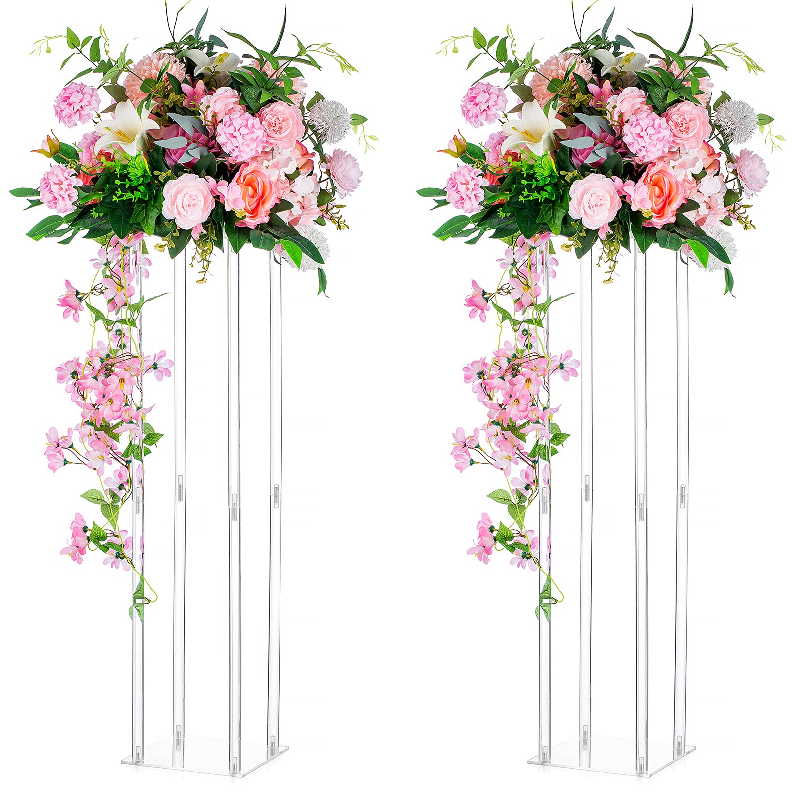 Nuptio Wedding Table Centrepieces Vase: 2 Pcs 80cm Tall Acrylic Flowers Floor Vase Column Flower Arrangement Stand Geometric Rectangular Display Rack for Weddings Party Decoration
