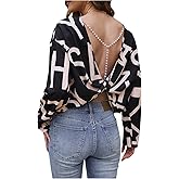 MakeMeChic Women's Open Back Tops Long Sleeve Shirts Criss Cross Sweaters V Neck Knit Pullover