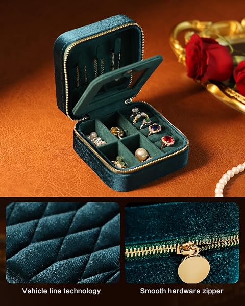 VIDIFINA TRAVEL JEWELRY BOX WITH MIRROR – TEAL BLUE VELVET ORGANIZER ADJUSTABLE COMPARTMENTS FOR NECKLACES, RINGS | PORTABLE LUXURY TRAVEL JEWELRY CASE FOR WOMEN, GIFT-WORTHY DESIGN