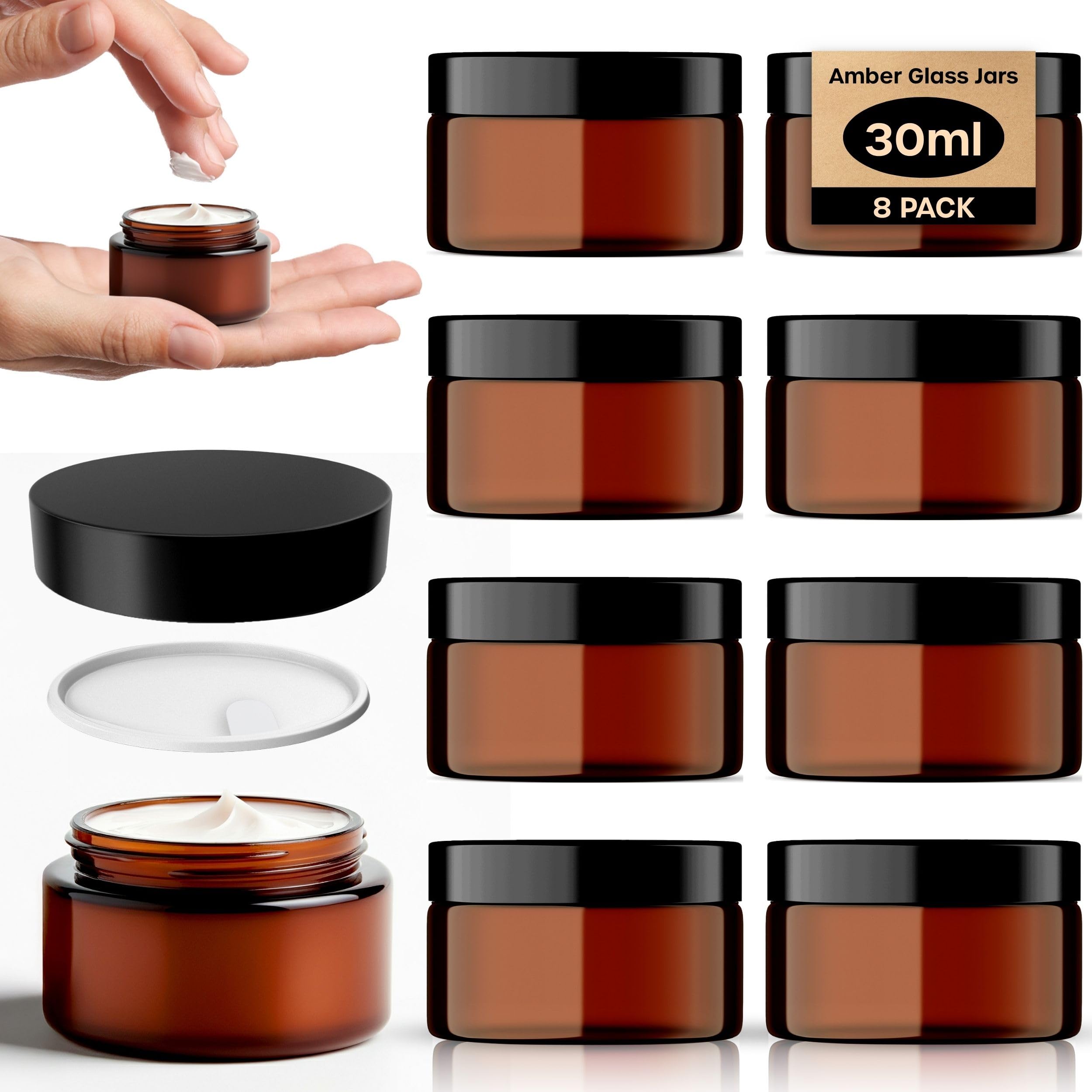 Amber Glass Jars - 8 Pack (30ml) with Lids - Brown Travel Cosmetic Containers with Spatula - UV Protection for Powder, Lotion and Cream