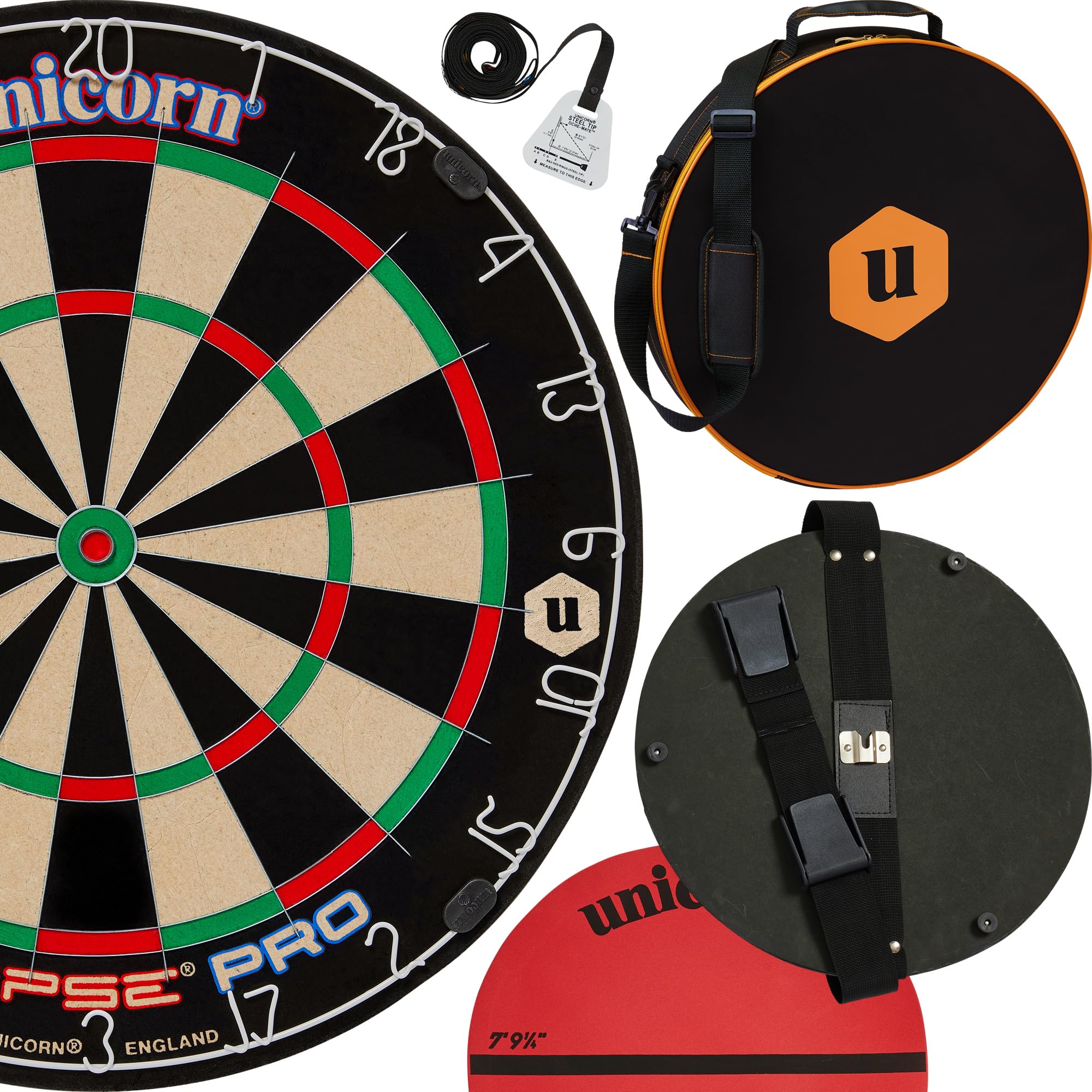 Unicorn Portable Dartboard Darts Board | Unicorn on Tour | Eclipse Pro Sisal Bristle Board | with Door Fixings | Bag with Handles & Adjustable Shoulder Strap | Round Oche Mat and Ochemate Measure