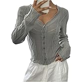 RoseSeek Women's Cardigans Lightweight Sheer Button Down Cardigan Trim Frills Sweaters V Neck Long Sleeve Shrug