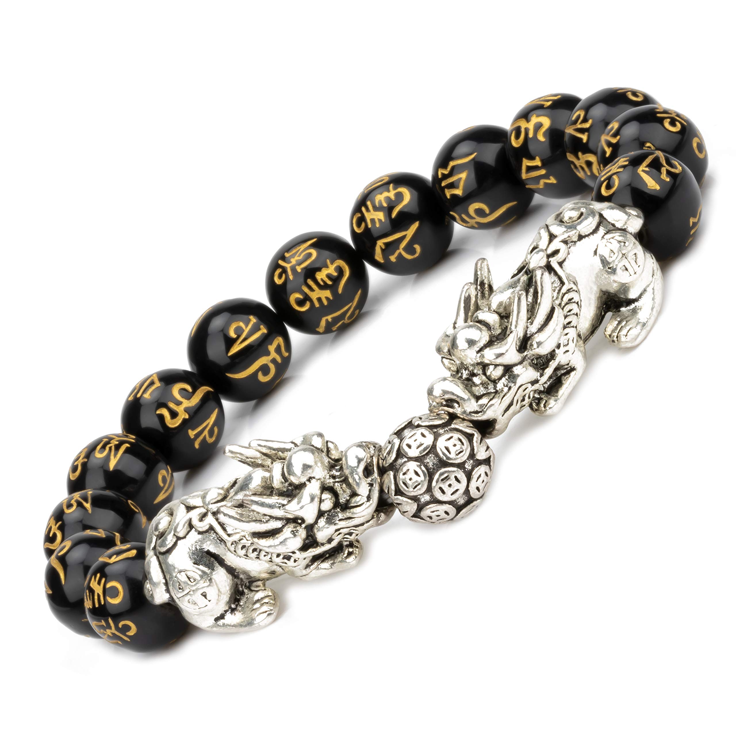 ZenBless Feng Shui schwarz Obsidian Armband Pixiu Armband für Frauen Männer Pi Xiu Pi Yao Armband Sanskrit 12mm Perlen Elastizität robust und langlebig ziehen Glücklich wohlhabende Amulett Geschenk