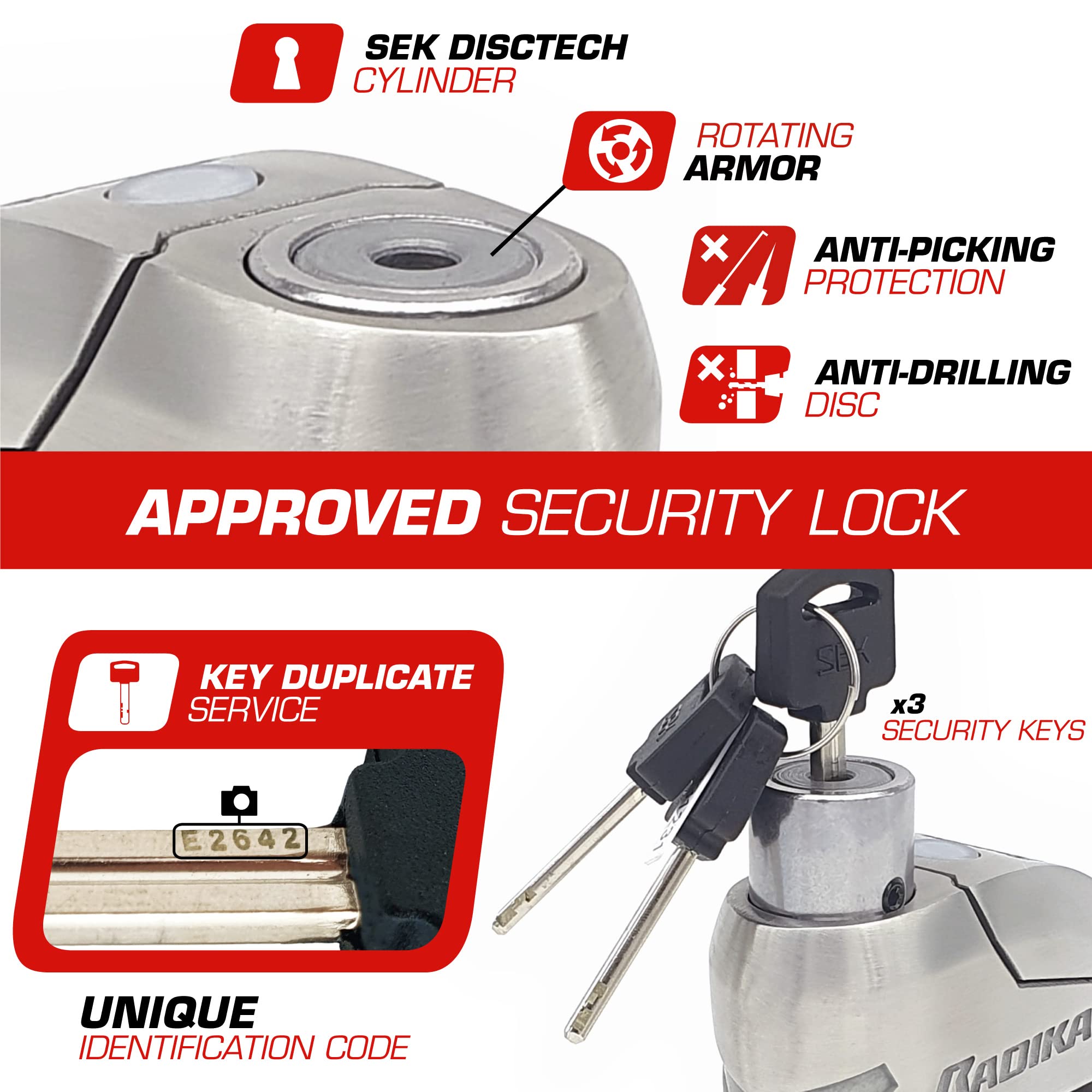 RADIKAL RK14S+RK402 Approved Alarm Disc Lock Motorcycle with Transport Bracket, Hardened Stainless Steel Double Locking, High-End Alarm System with Warning Optional Activation, LED Alert 14mm/0.55in