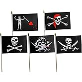LoveVC Pirate Skull Stick Flag Set Small Mini Jolly Roger Jack Rackham Edword Dead Man's Chest Hand Held Flags for Pirate Party,Halloween Day,5x8 Inch,20 Pack
