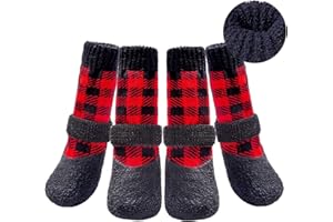 BINGPET Anti-Slip Dog Socks, Waterproof Plaid Dog Paw Protector with Adjustable Straps, Thick Fleece Padded Warm Pet Doggy Socks for Cold Weather Winter