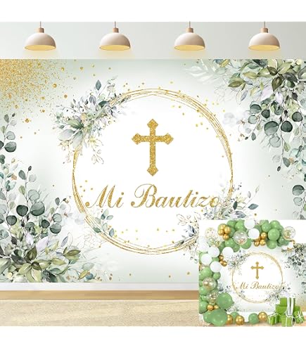 Lofaris Mi Bautizo Fotohintergrund - 1,5x0,9m, Grüne Blätter & Goldring, Für Taufe & Kommunion