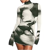 GORGLITTER Women's Mesh Y2K Rave Vegas Going Out Dress Outfits Long Sleeve Club Turtleneck Neck Newspaper Mini Dresses