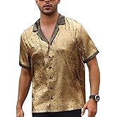 ODIZLI Men's 70s Disco Costume Sparkly Shirt Metallic Button Down Shirts Party Nightclub Shirt Short Sleeve